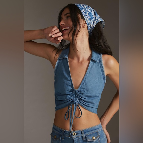 Anthropologie x Pilcro Tops - 🪁Anthropologie x Pilcro Blue Denim Adjustable Ruched Crop Top Tank, 12, NWT✨